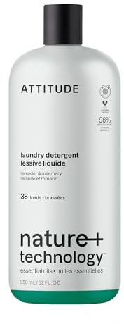 ATTITUDE Laundry Detergent Liquid, Plant-Based Ingredients, EWG Verified, High Efficiency, Infused with Essential Oils, White & Colored Clothing, Lavender & Rosemary, 38 Loads, 950 mL