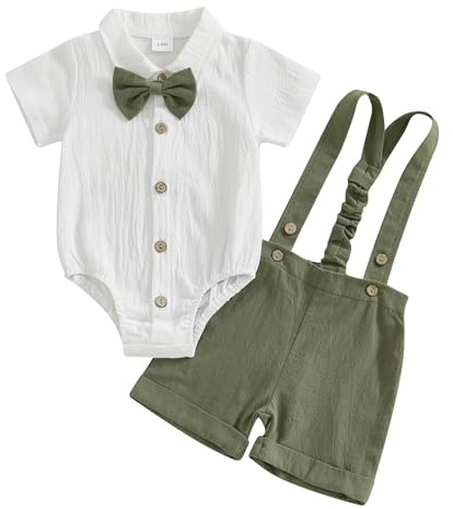 Geagodelia Costume da gentiluomo da bambino da 2 pezzi, body camicia a maniche corte + pantaloncini con bretelle, set da gentiluomo battesimo matrimonio cerimonia, verde scuro, 6-9 Mesi