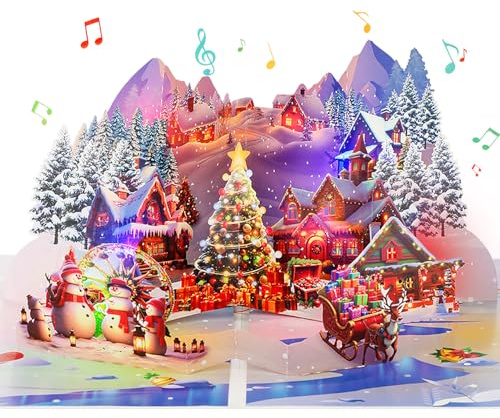 Pop Up Christmas Cards, 3D Musical Christmas Forest Town Cards with Lights, Xmas Greeting Cards with Envelop