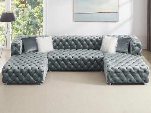 THSUPER 145'' Luxury Velvet Upholstered Chesterfield Oversized U Shaped Sectional Sofa Couch for Living Room, Couches with Button Tufted Design and Comfortable Seating and 4 Pillows. Silver Gray