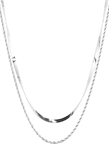 THIORA Damen doppelreihige Halskette Edelstahl | Twin Waves Layering Kette mit Schlangenkette und Kordelkette | 18k vergoldet, wasserfest (Silber)