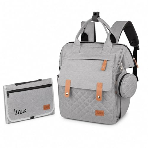 AWASG Mochila para cambiar pañales, bolsa para cambiar pañales, gran espacio de almacenamiento, mochila para bebés para viajes, gris claro, Rucksack + Wickelunterlage mit Personalisierung
