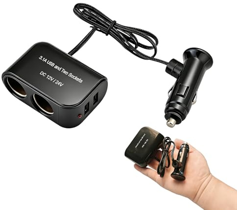 Car Cigarette Lighter Splitter 2 Sockets, 12V 24V Car Charger Splitter with 2 USB Ports 3.1A Fast Charging, 4 in 1 Car Charger with Double Cigarette Lighter Outlets for Dash Cam GPS Phone Car Fridge