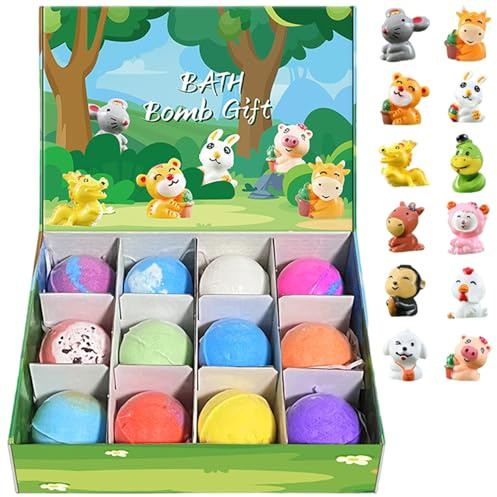 Bombas de baño para niños con juguetes en el interior, paquete de 12 bombas de baño para niños con sorpresa en el interior, suministros de de burbujas coloridas y gaseosas con lindos juguetes de