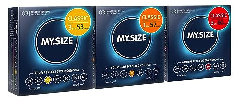 MY.SIZE Classic Kondome 3er Testpaket | 53, 57, 60 mm Breite | 3x3 Stück extra dünn | mit natürlichem Hautgefühl | Wandstärke von 0,07 mm