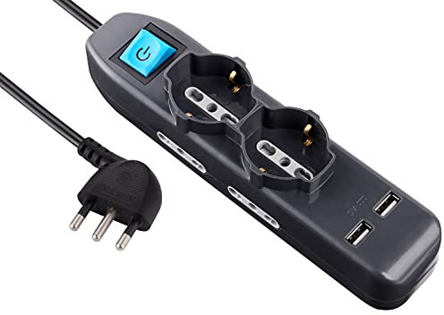 Electraline 62095 Multipresa 6 Posti 2 Polivalenti Schuko 4 Bivalenti 10/16A 2 Prese USB 2.1A -Cavo 1,5 M, Nero