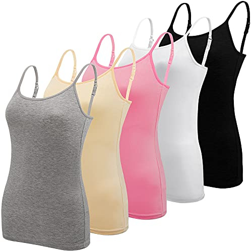 BQTQ 5 Pieces Basic Camisole Adjustable Strap Vest Top for Women and Girl, Black, White, Grey, Pink, Beige, M