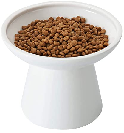 CEEFU Extra Wide Elevated Ceramic Cat Bowl - 6.2 Shallow Dish for Whisker Fatigue Relief, 5 Height for Easy Feeding, Lead & Cadmium Free, Durable Raised Cat Food Bowls, White