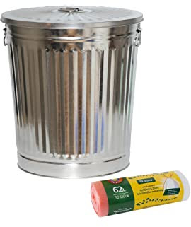 Jinfa Juego de 1 cubo de metal con asas y tapa + 30 bolsas de basura | Zinc | 62L