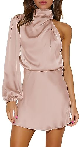 Ferlema Women's Satin Cocktail Dresses Mock Neck One Shoulder Long Sleeve High Waist Wedding Guest Mini Dresses, Rose Gold, M