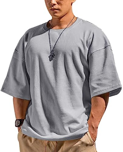Muscle Alive Basic långärmad våffeltröja för män lös passform träning pullover rund hals skjorta