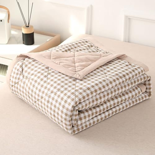 DOTBUY-SHOP Colcha Bouti Cubrecama Colcha de Ligero, Cheque Edredón Manta de Dormitorio Verano Cuatro Estaciones Colchas Reversible para Cama Individual Matrimonio (Caqui,150x200cm)