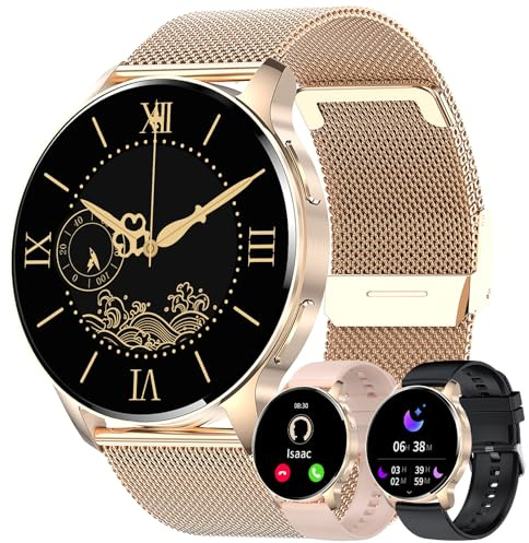 JUBUNRER Montre Connectée Femme Homme Écran 1,34 HD Étanche Smartwatch Ronde avec Appel Bluetooth Podometre Marche Sommeil Cardiofrequencemetre Menstruel Cycle Cadeau- Android iOS [3 Bracelets]