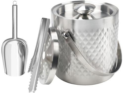 Zythrem 2L Secchiello Ghiaccio in Acciaio Inox, con Coperchio in Silicone, Pinze e Pala, Secchiello Ghiaccio Vino Acciaio Inox a Doppia Parete Isolante, per Cocktail Bar, Feste, Mantiene Il Ghiaccio