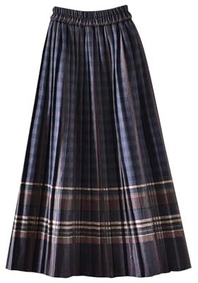 Jupes midi pour femme - Jupes plissées en laine - Longue jupe d'hiver - Tartan - Taille élastique - Style bohème décontracté - évasée - trapèze, Bleu marine 01#, L