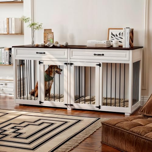 Hundekäfig mit 2 Schubladen und 2 Türen,Hundebox für Innenbereich,Hundehaus mit getrenntem Innenraum,Weiß+Dunkelbraun,MDF,160×60×80cm,Hundehütte für 2 Hunde