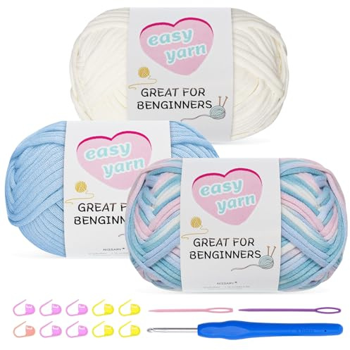 Nissary Wolle zum Häkeln 3x100g,Dicke Baumwolle Häkelgarn mit 4mm Haken,Schlauchgarn Häkelwolle Starter-Set für Anfänger, Amigurumi-Projekte