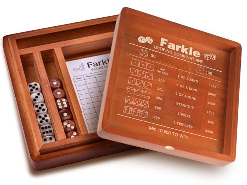 Demine Farkle Classic Dice Game Set – Wooden Dice Tray with Storage Case, 2 Sets of Dice, Score Pad, Pen Holder & Built-in Scoring Guide – Family Game Night or Gift