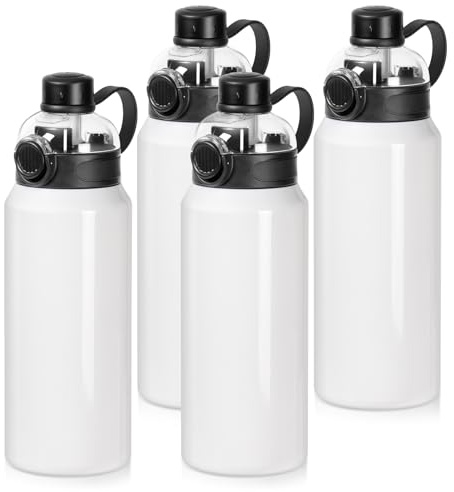 PYD Life 4 Pack Sublimation Sports Insulated Water Bottle Blanks 32 OZ 960 ML Vacuum Flask Jug Tumblers with Straw Spout Pop Lid and Silicone Handle for Gym,Hiking,Outdoors