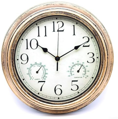 Horloge de station de jardin d'extérieur avec thermomètre, horloge décorative double face en bronze antique, horloge murale silencieuse rétro (or bronze)