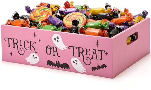 Leinuosen Halloween Candy Bowls Wooden Halloween Candy Box 11.8 Inch Large Trick or Treat Candle Holder Party Supplies Bat Ghost Dish for Tiered Tray Ornament Tableware Decoration(Pink,Shiny Ghost)