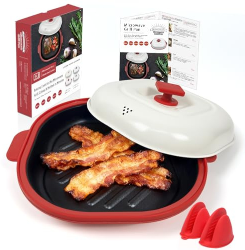 AHJ Microwave Grill Pan with Lid, Microwave Cooker Multi-Use for Grilling, Frying, Browning and Crisping, Microwave Griller & Crisper Pan for Grill Meat, Sandwich, Vegetable, Egg, Potatoes (Red)