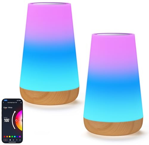 Bonsery 2 stycken smarta sänglampor, Wi-Fi LED, dimbar, appkontroll av Alexa och Google Assistant, 16 miljoner RGB-färger, gör-det-själv-läge, touch, nattlampa, 2 stycken