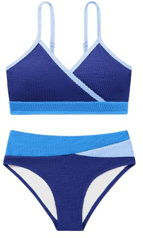 Girl's 2 Piece Swimsuit Solid Spaghetti Ribbed Bikini Sets Crop Top Brazilian High Waisted Beach Bathing Suit Swimwear for Teen Kids 8 9 10 11 12 13 14 Years Multi Blue