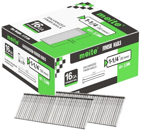 meite Chiodi di finitura tipo 16G / 32 mm, 16 gauge, zincati, dritti, per pistole per unghie, ideali per la lavorazione del legno, tappezzeria e progetti di inquadratura (2.500 pezzi)