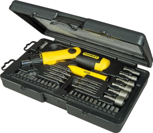 STANLEY Coffret 40 Pièces Tournevis à Cliquet et Accessoires - Cliquet 3 Positions - Réservoir Intégré de 6 Embouts - Tournevis Articulé 3 Positions pour Visser en Tout Confort 0-63-038