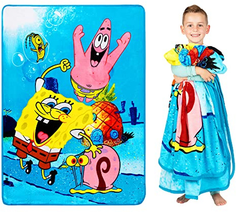 Franco barnsängkläder supermjuk plysch mikro raschel filt, 157,5 cm x 228 cm, svampbob fyrkanter