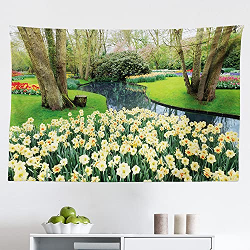 Ambesonne Spring Tapestry, Flower Garden in Recreation Park with Fresh Grass Field and Pond Nature Scene, Fabric Wall Hanging Decor for Bedroom Living Room Dorm, 45 X 30, Green and Brown