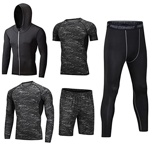 HZQIFEI 5 Pezzi Completi Sportivi Abbigliamento Uomo Abbigliamento Sportivo Giacca con Cappuccio Camicie a Compressione Pantaloni a Compressione Pantaloncini Set (Stile#3, XL)