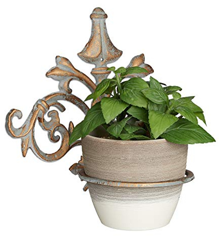 Relaxdays 3X Supports Pot de Fleurs Mural Baroque, Fonte, décoration, Porte Plantes Mural extérieur, Ø 13,5 cm, Gris-doré