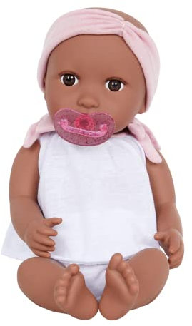Babi - Baby Puppe (dunkel) - Braune Augen & Rosa Stirnband - 36 cm Baby DolL - Braune Augen & mittel-dunkler Hautton - 2 Jahre +