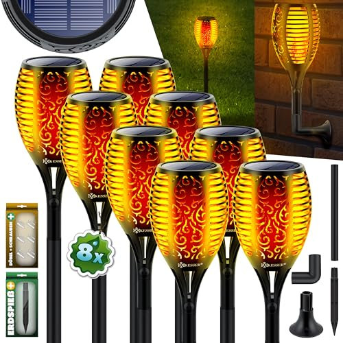 KESSER® Flambeau de jardin Set de lampes solaires Flamme avec support mural + piquet de terre Capteur de lumière Résistant aux intempéries Lampe solaire de jardin Torche I Lot de 8, 96 LED
