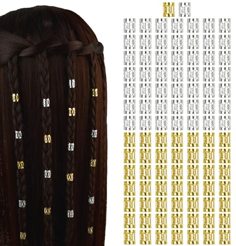 Lot de 100 perles en aluminium réglables pour dreadlocks - Décoration de cheveux - Style DIY - Tressage - Bijoux de cheveux (doré + argent)