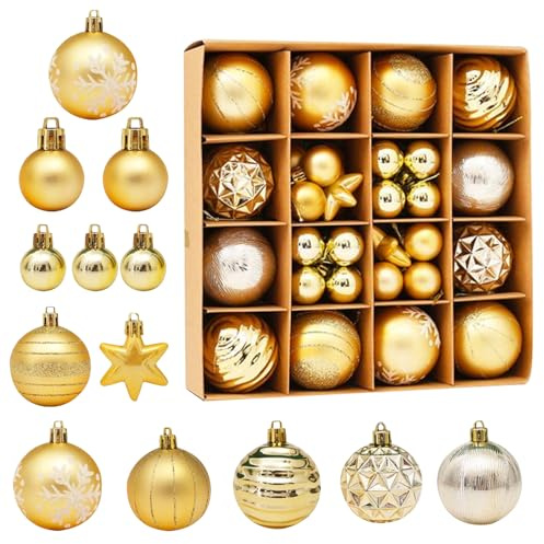 42 Piezas de Adornos de Bolas de Navidad, Árboles Bolas de Plástico Pintura Delicada y Colgantes Brillantes Decorativos - Tema Navideño Gold