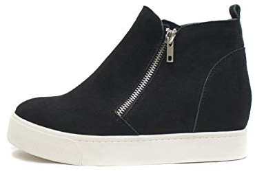 Soda Taylor Hidden Wedge Sole Booties Ankle Heels Sneaker Shoes Side Zipper (Black, 6)