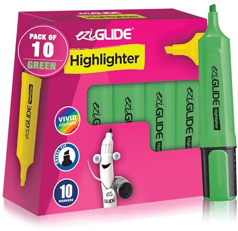 Eziglide 10-Pack Green Highlighters Pens – Bold Chisel Tip for Smooth & Clear Marking – Smudge-Resistant, Quick-Dry Ink, Ideal for Office, Kids, Bulk Stationery, Studying & School Use
