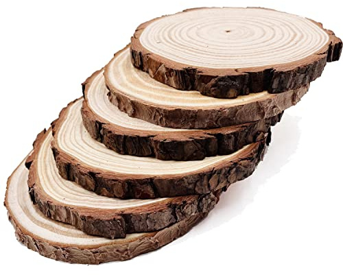 Unfinished Natural with Tree Bark Wood Slices 6 Pcs 16-17cm Disc Coasters Wood Coaster Pieces Craft Wood kit Circles Crafts Christmas Ornaments DIY Crafts with Bark for Crafts Rustic Wedding ORN