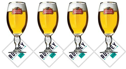 Roxley Stella Biergläser, Lagerbier, 56 cl, Männerhöhle, hergestellt in Großbritannien + 4 Stella-Bierdeckel, 4 Stück
