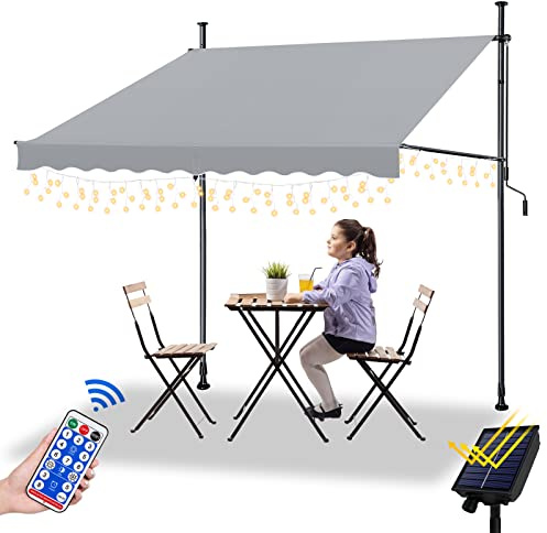 UISEBRT Tenda da sole a morsetto, larghezza 250 cm, con illuminazione a LED solare, con manovella senza foratura, regolabile in altezza, protezione dai raggi UV, 250 x 120 cm, grigio chiaro