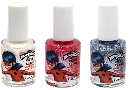 Miraculous Set mit 3 Nagellacken auf Wasserbasis, Weiß Glitzer, Rosa Glitzer, Blau, Ring, Kinder, Maniküre, Pediküre, 9 ml, Take Care