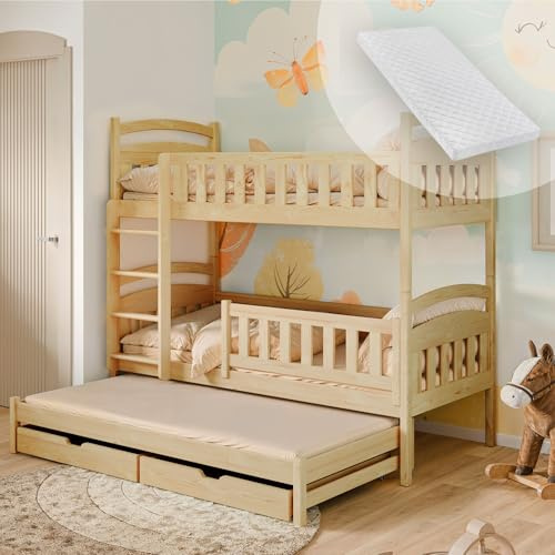 Letto a soppalco 90x200 letto per ragazzi letto a castello per 3 bambini con 2 cassetti letto per bambini trasformabile in 3 letti singoli | da 4 a 18 anni | incl. reti a doghe e 3 materassi | natura