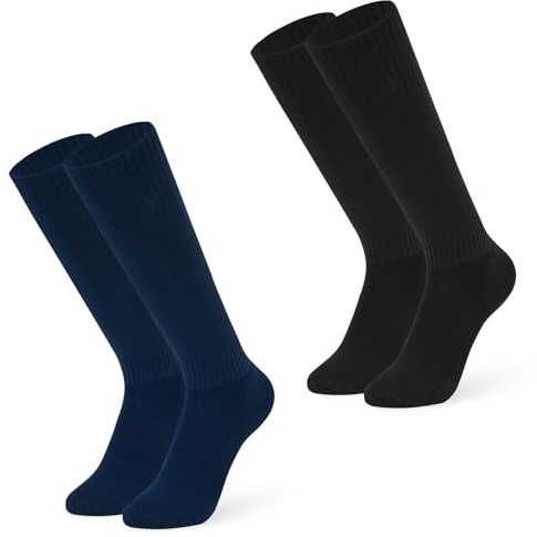 DHWEKU Fußballsocken Kinder Herren Stutzen 2 Paar - Fußballstutzen Stutzenstrumpf，Sportsocken Trainingssocke Sockenstutzen - für Fußball, Laufen, Training，Dunkelblau und Schwarz