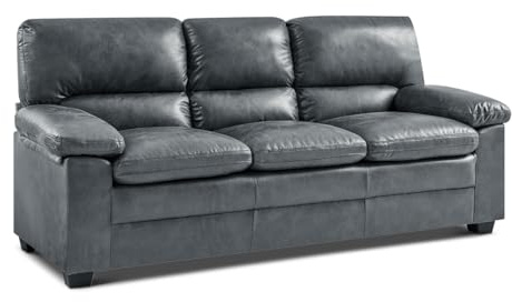 Bravich Oxford 3 Seater Sofa. Grey Faux Leather Sofa, Three Seater Bonded Leather Couch. Large Sofas For Living Room Furniture, Easy Wipe Clean. 3 Seater, Grey, 202cm x 83cm x 93cm.