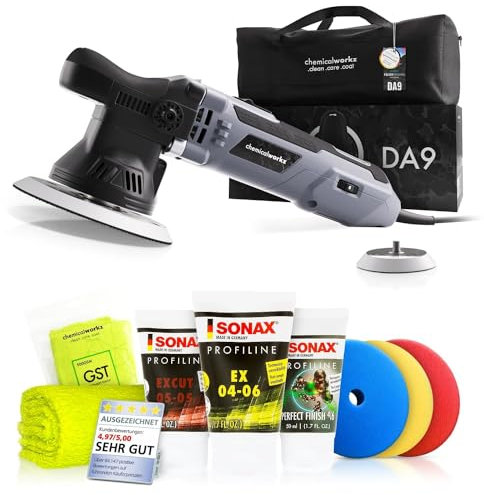 Shiny Freaks - Poliermaschinen Set: DA9 Exzenter Poliermaschine + Sonax Politurset + Royal Pads Premium Polierpads - Auto Politur, Lack polieren, Kratzer entfernen, Aufbereitung | 8-tlg.