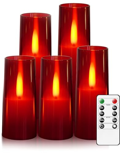 JINYANIA Candele a LED senza fiamma, con fiamma tremolante realistica, candele alimentate a batteria con timer remoto, set di 5 candele elettriche in acrilico (rosso)