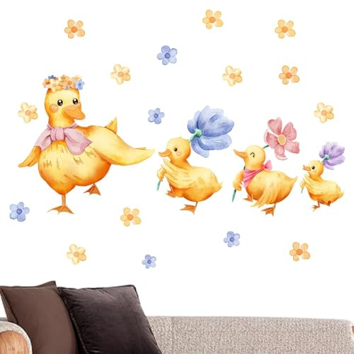 Adhesivo de pared de dibujos animados, calcomanía de pato amarillo, decoración de pared para jardín de infantes y sala de estar, material PVC, estilo unisex, color amarillo